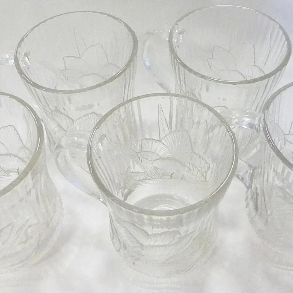 Vtg Arcoroc Canterbury crocus mug clear glass coffee cup ribbed France set‎ of 5